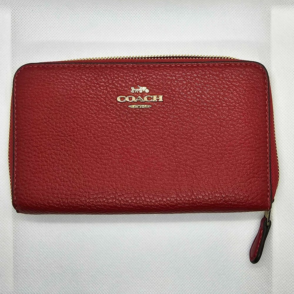 Coach Medium ID Red Pebble Leather Zip Around Wallet with Gold Trim